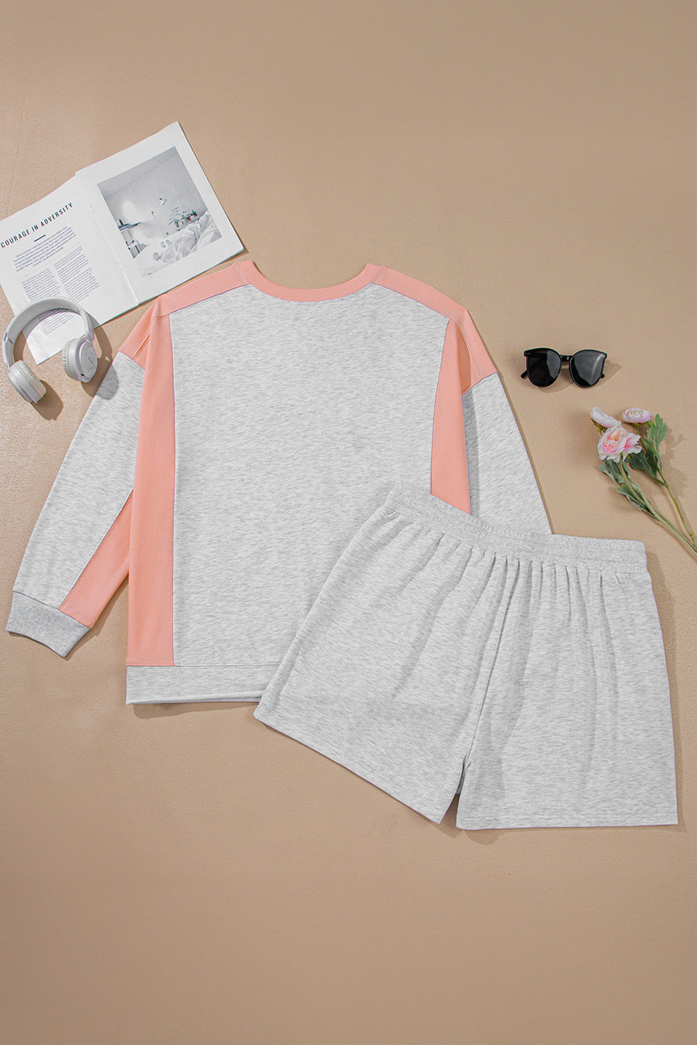 Light Grey Uneven Hem Colorblock Pullover Casual Shorts Plus Size 2pcs Outfit