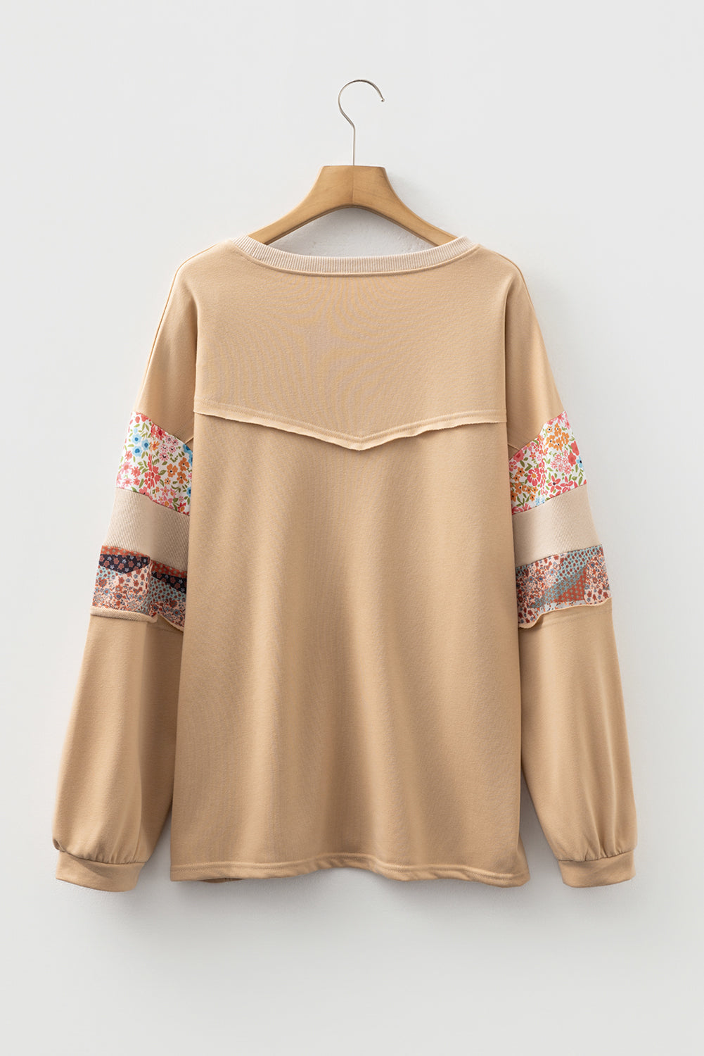 Khaki Exposed Seam Floral Mixed Patchwork Relaxed Plus Size Top