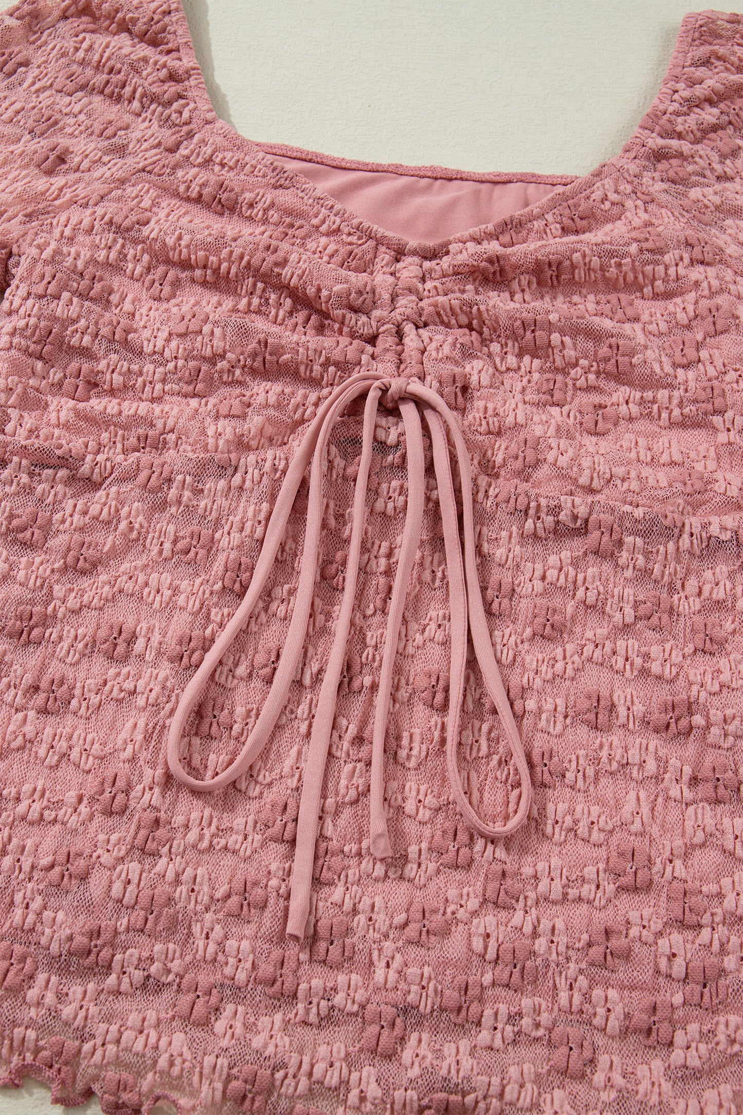 Peach Blossom Drawstring Knot Detail Floral Lace Blouse