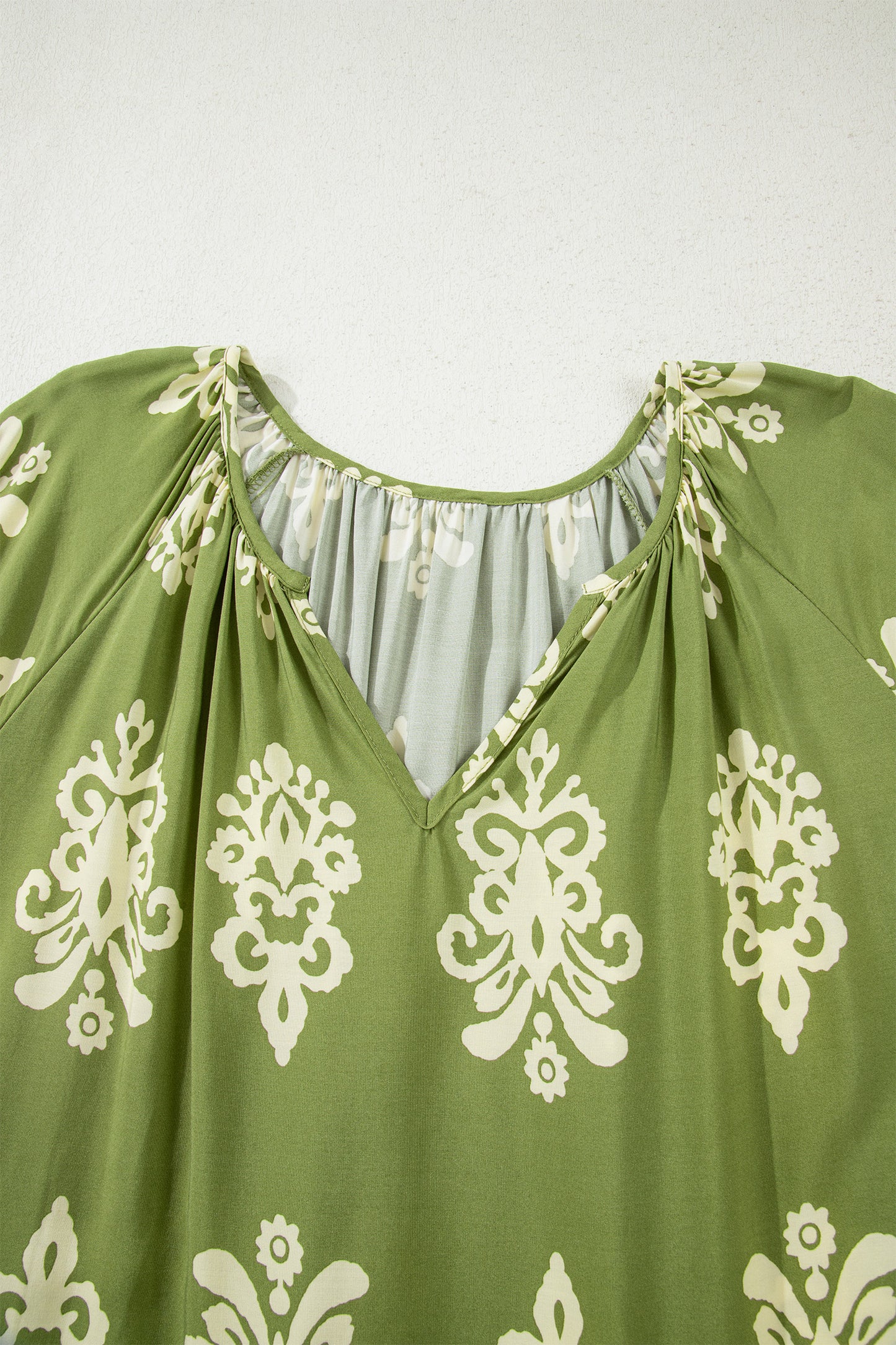 Green Boho Chic Notched V Neck Plus Floral Short Sleeve Top