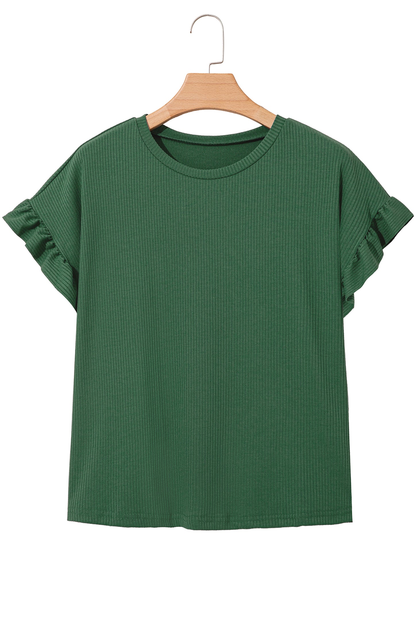 Jungle Green Solid Color Ribbed Ruffled Short Sleeve T Shirt
