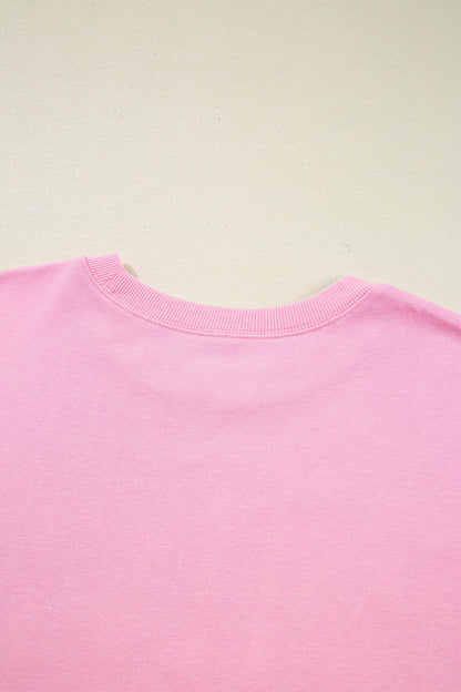 Pink Bow Sequin XOXO Letter Graphic Exposed Seam Baggy Sweatshirt