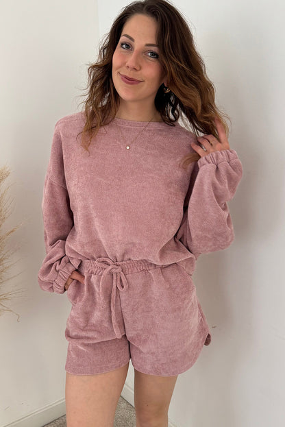 Fushia Solid Color Textured Knit Drop Shoulder Pullover Drawstring Shorts Set