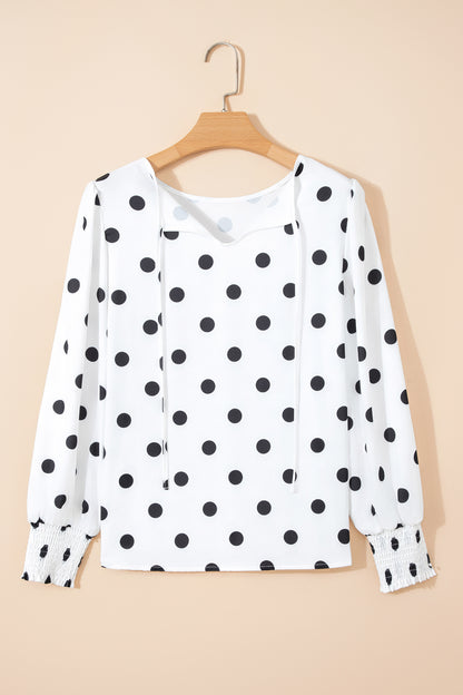 White Polka Dot Print Round Neck Frilled Long Sleeve Blouse