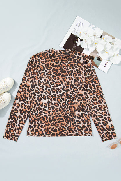 Brown Plus Size Mock Neck Leopard Mesh Top