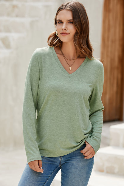 Grass Green Solid Color V Neck Long Sleeve Stretchy Top