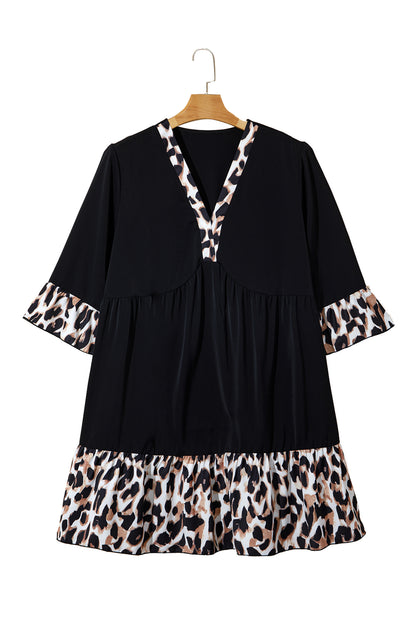 Black Plus Size Leopard Patchwork V Neck 3/4 Sleeve Ruffle Hem Mini Dress