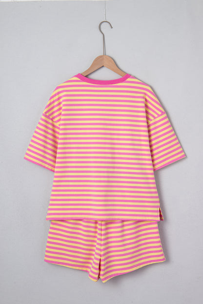 Rose Stripe Drop Shoulder Boxy Casual Terry Short Set