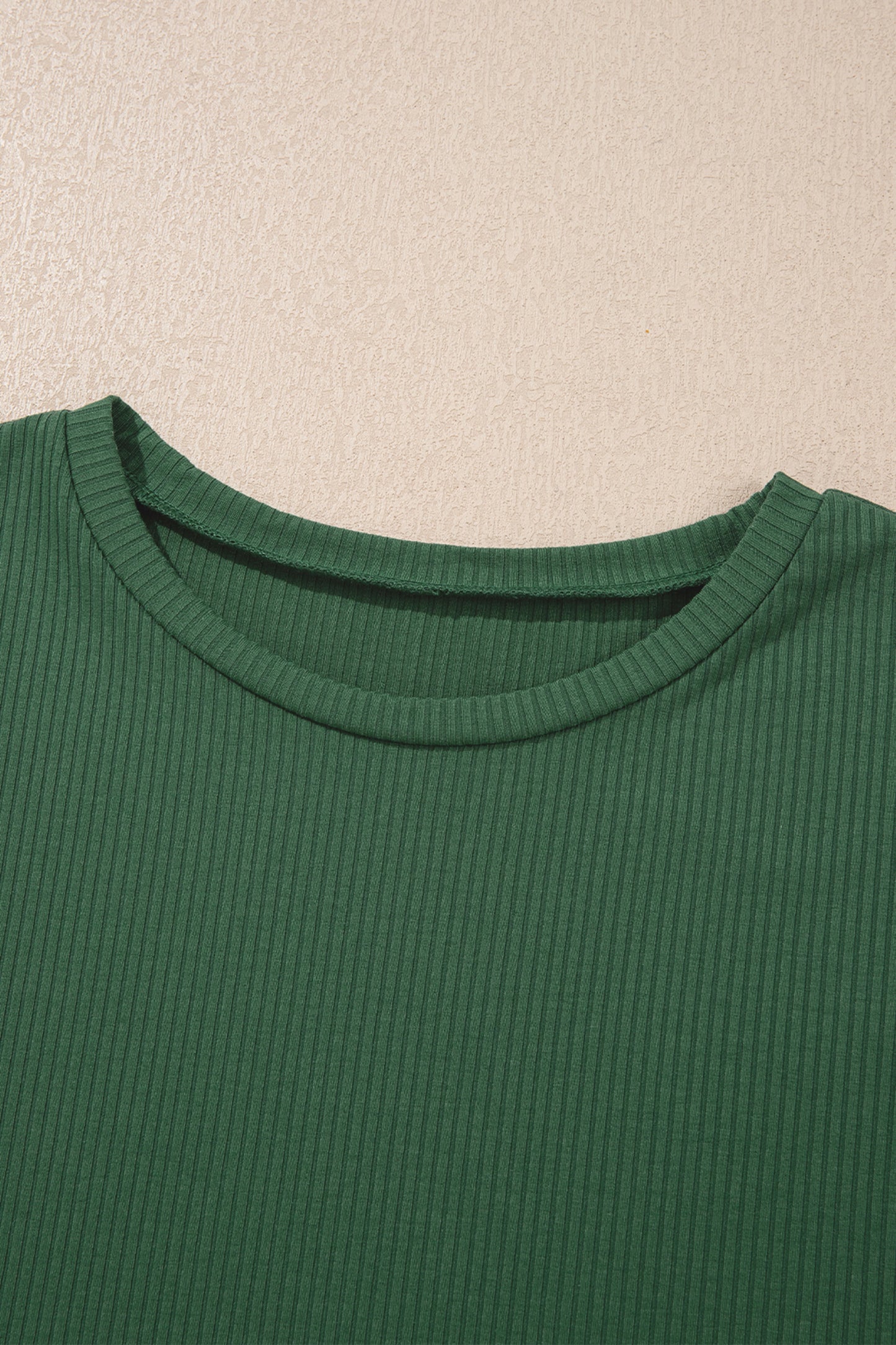 Jungle Green Solid Color Ribbed Ruffled Short Sleeve T Shirt