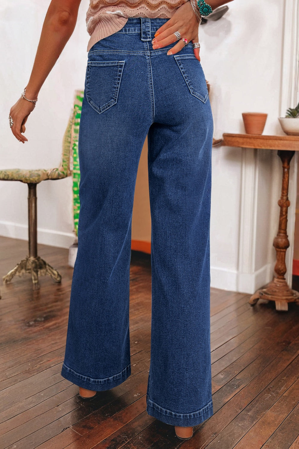 Sail Blue Wide Leg Pocketed High Waist Jeans