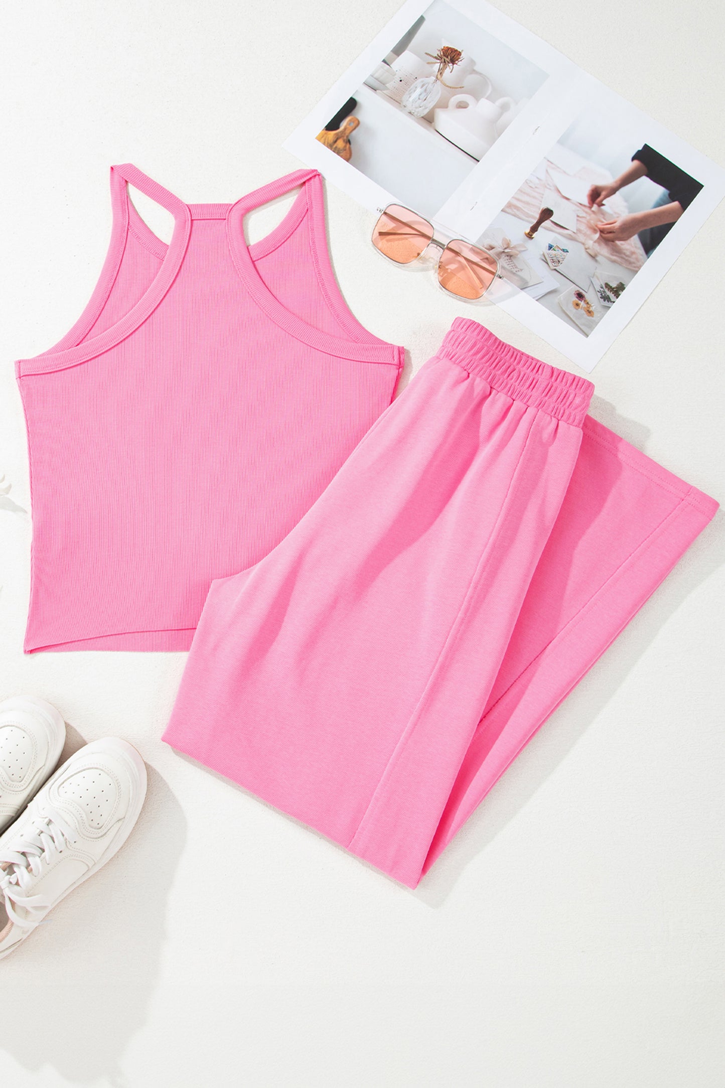 Sachet Pink Slim Ribbed Tank Top and Sweatpants Set