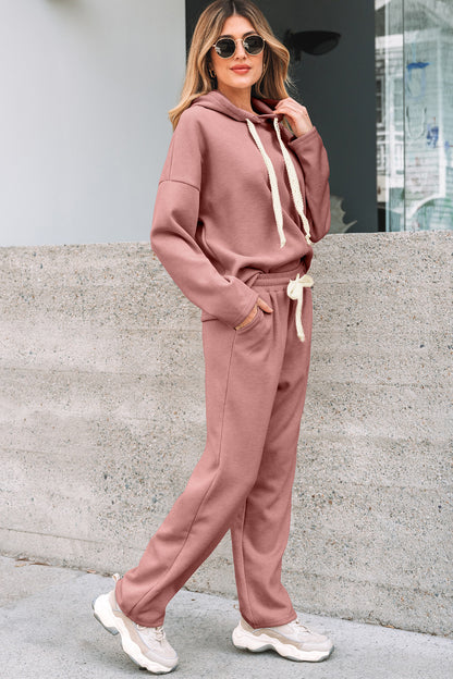 Rose Tan Lace Drawstring Pullover Hoodie and High Waist Pants Corduroy Suit