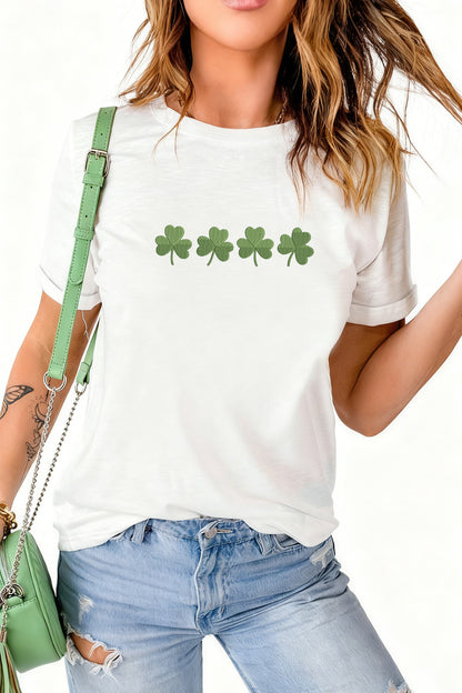 White Embroidered Clover St Patricks Fashion Graphic Tee