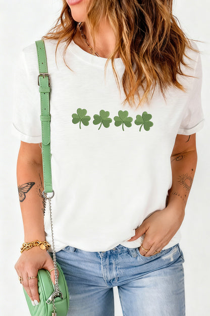 White Embroidered Clover St Patricks Fashion Graphic Tee