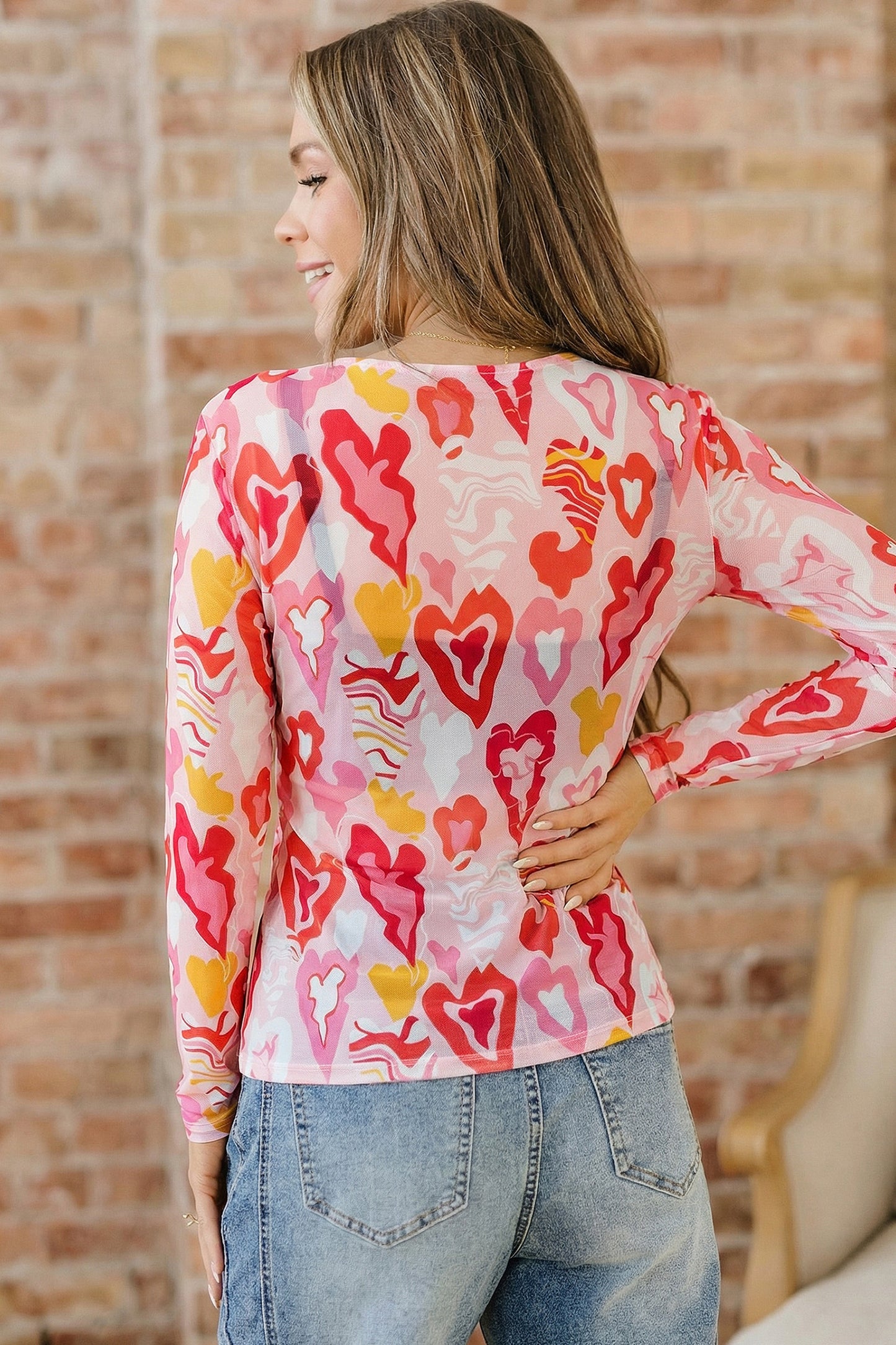 Rose Valentine Heart Mesh Long Sleeve Top