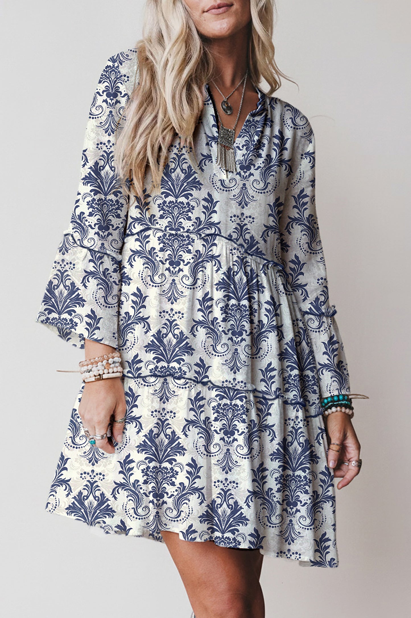 Blue Boho Floral Print Lettuce Trim 3/4 Sleeve Mini Dress