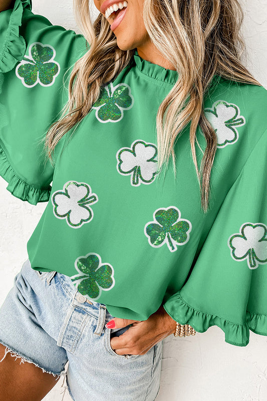 Green Sequin Clover Graphic Ruffled Trim Bell Sleeve St Patrick Blouse