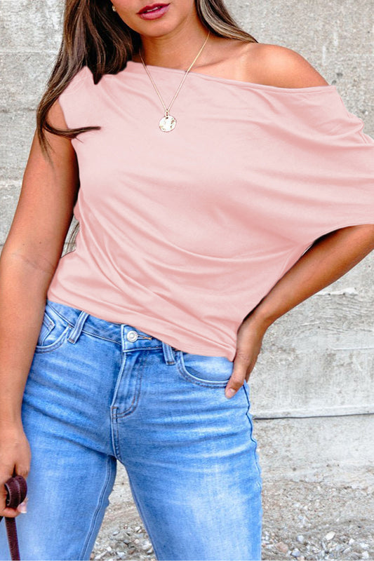 Gossamer Pink Plus Size Solid Color Asymmetric Neck Short Sleeve Blouse