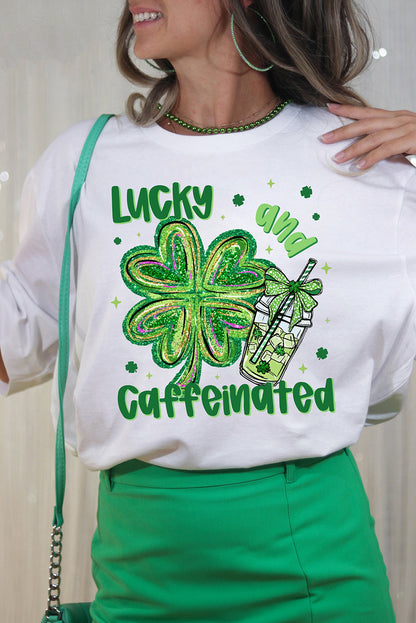 White Lucky and Caffeinated Clover Graphic St Patrick Tee