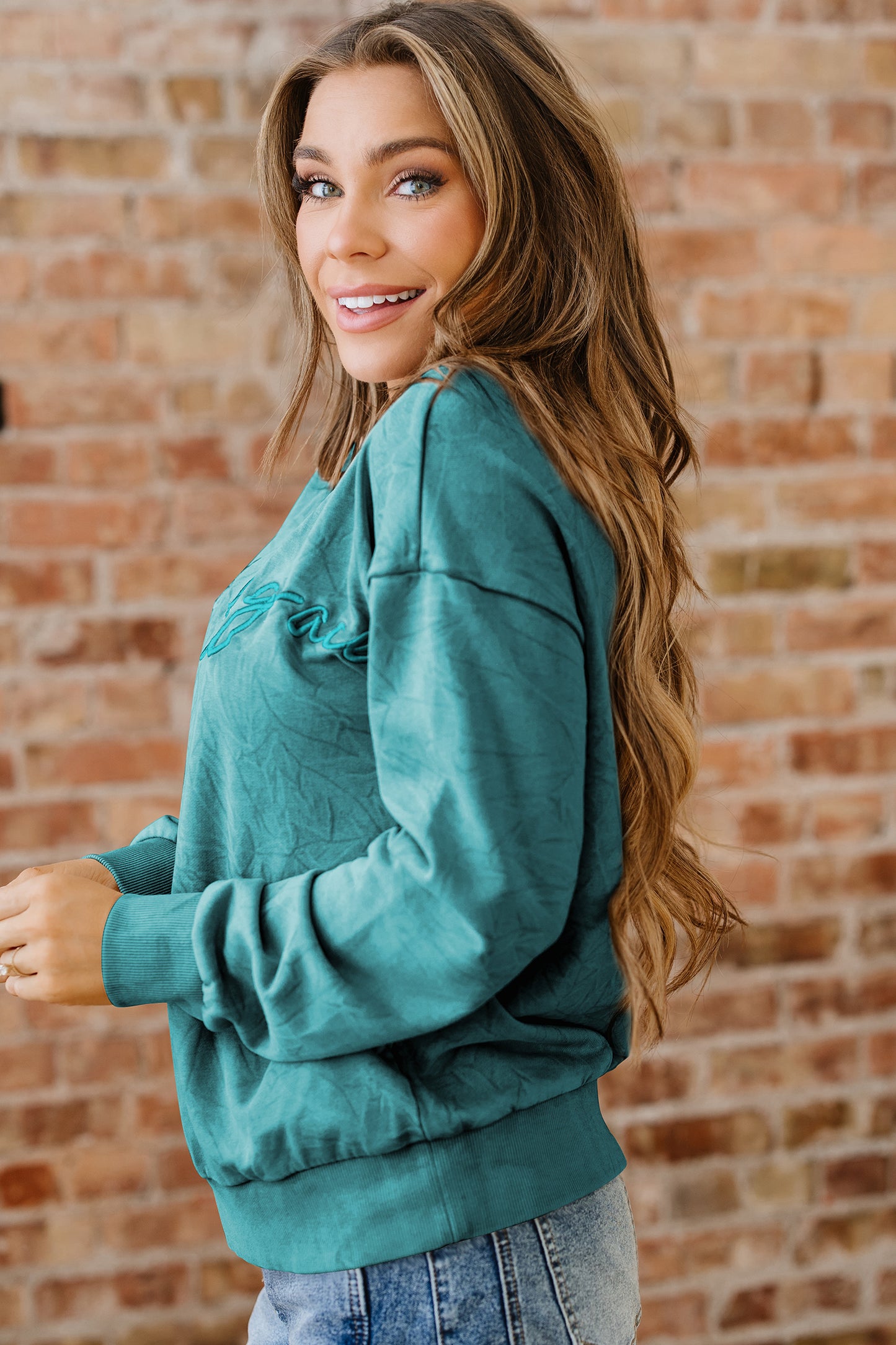 Sea Green saved by grace Letter Embroidery Mineral Wash Loose Sweatshirt