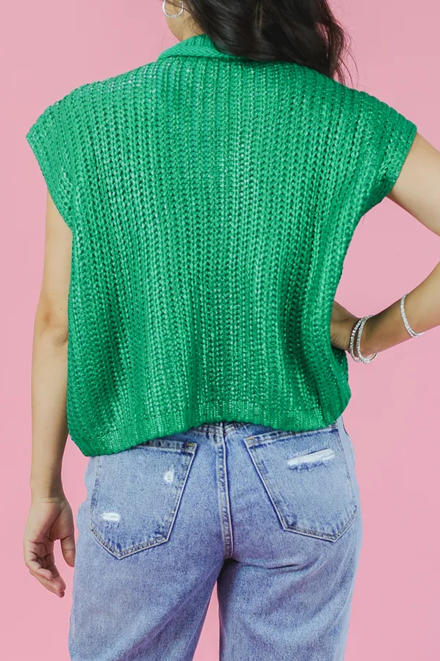 Bright Green Solid Color Knit High Neck Short Sleeve Sweater