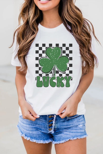 White Checker LUCKY Clover Printed St Patricks T Shirt