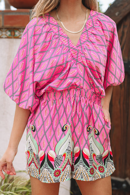 Pink Paisley Geometric Print V Neck High Waist Romper