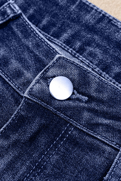 Real Teal Folded Cuffs Distressed Straight High Waist Jeans