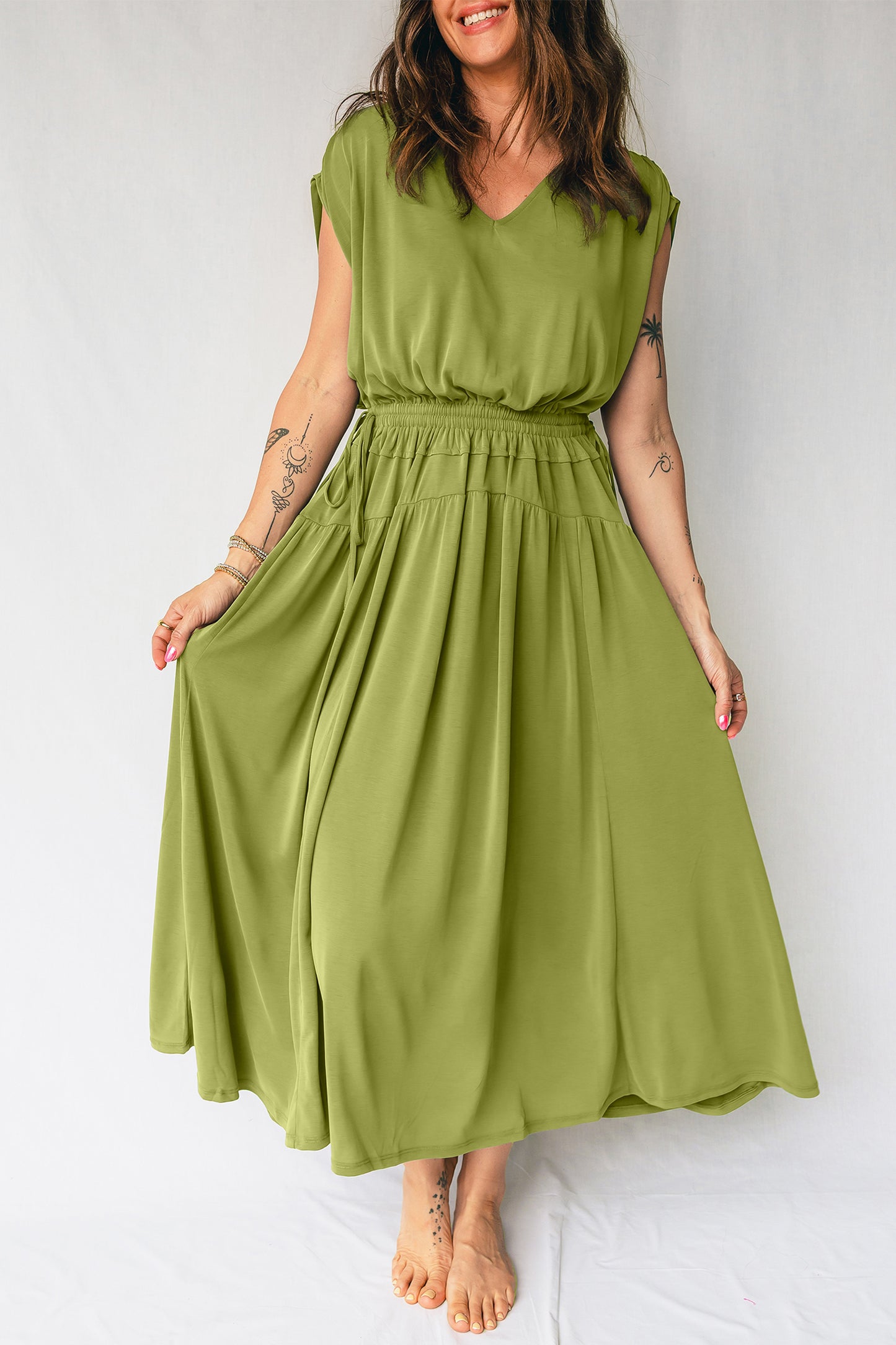 Fern Green Solid V Neck Cap Sleeve Tunic Elastic Waist Versatile Maxi Dress