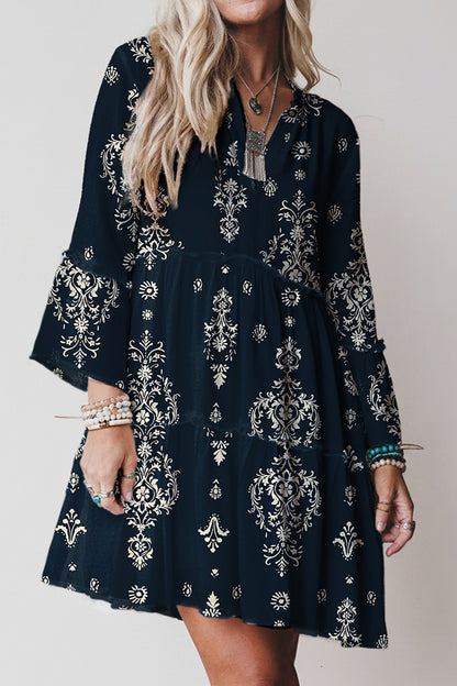Blue Boho Floral Print Lettuce Trim 3/4 Sleeve Mini Dress