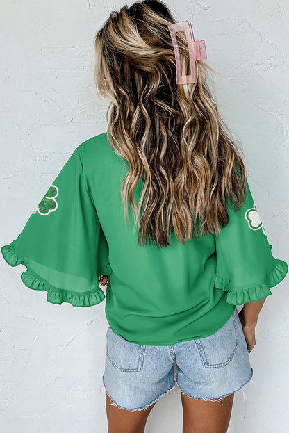 Green Sequin Clover Graphic Ruffled Trim Bell Sleeve St Patrick Blouse