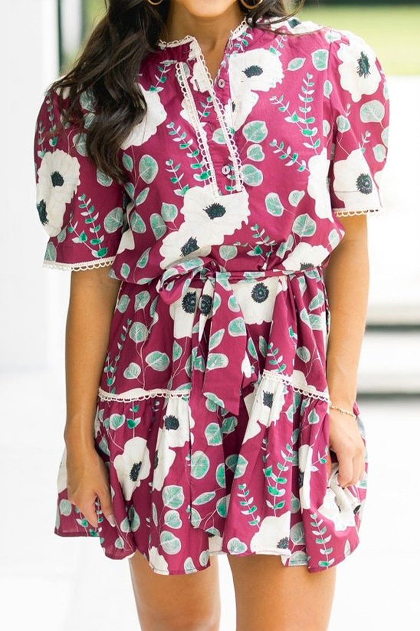 Red Floral Print Trimmed Short Puff Sleeve Mini Dress with Belt