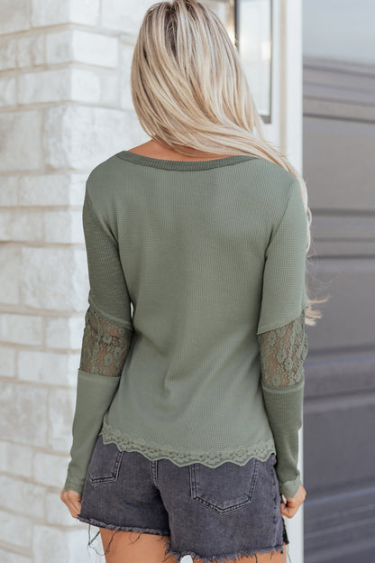 Sage Green Solid Color Waffle Ribbed Lace Patchwork Long Sleeve Top