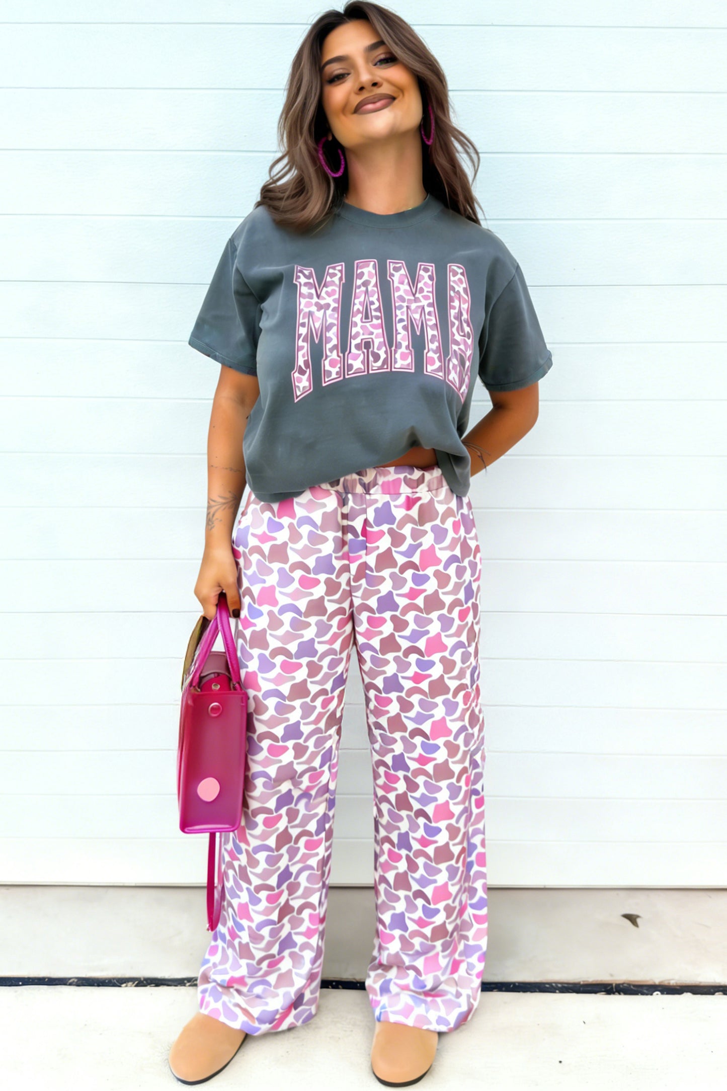 Medium Grey MAMA Letter Graphic Tee Camouflage Print Loose Pant Set