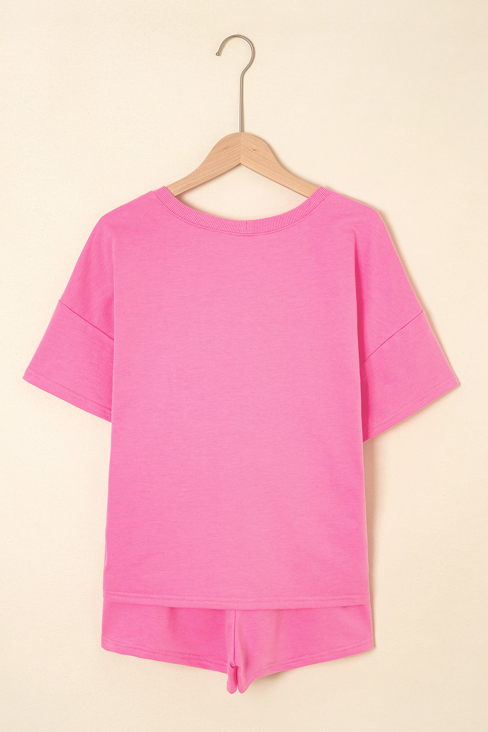 Bonbon V Neck Drop Shoulder Tee and Patchwork Drawstring Elastic Waistband Shorts Set