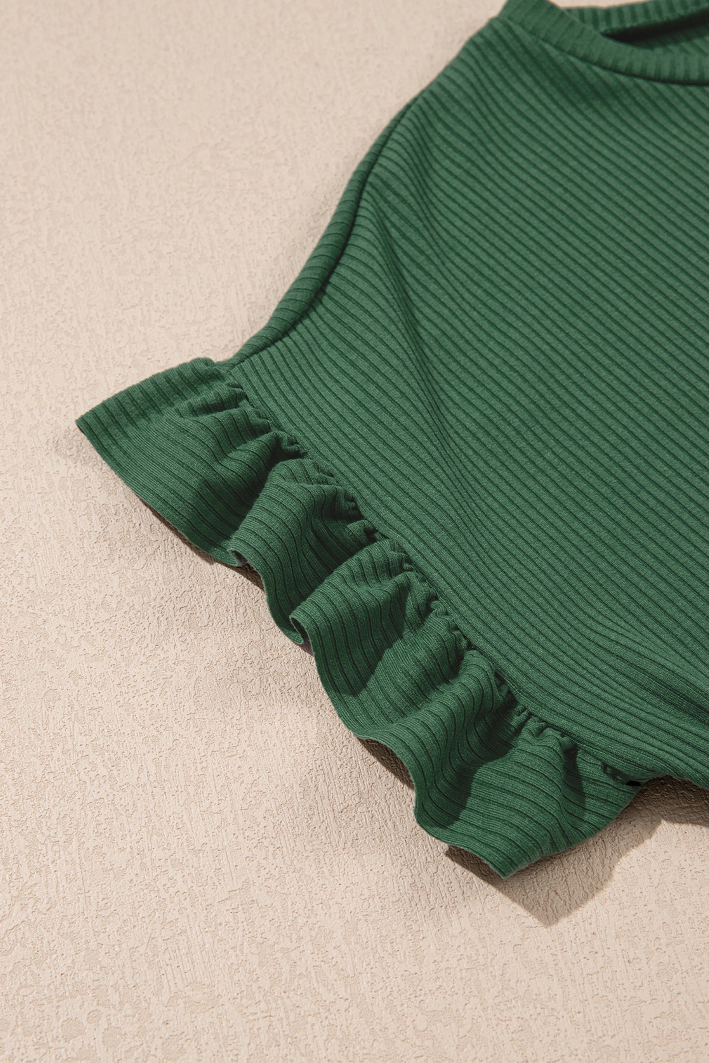 Jungle Green Solid Color Ribbed Ruffled Short Sleeve T Shirt
