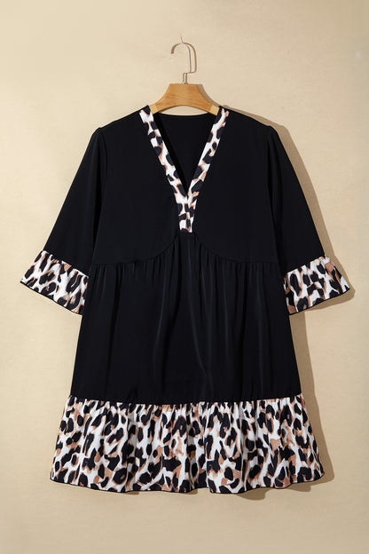 Black Plus Size Leopard Patchwork V Neck 3/4 Sleeve Ruffle Hem Mini Dress