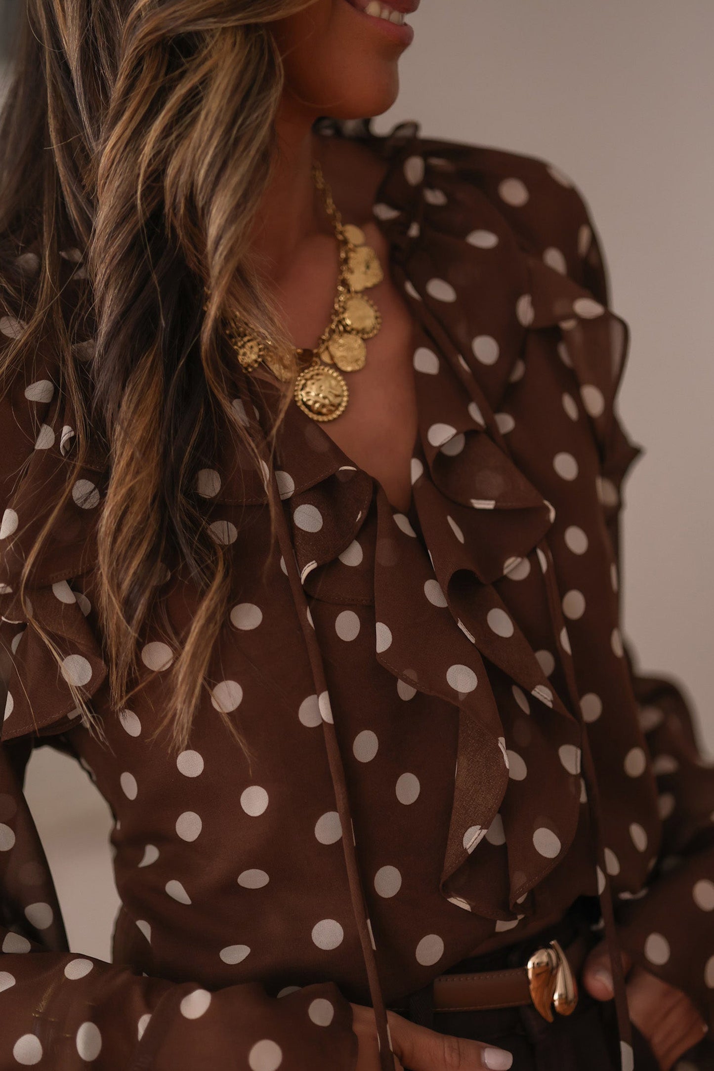Coffee Polka Dot Print Ruffle Trim V Neck Long Bell Sleeve Blouse