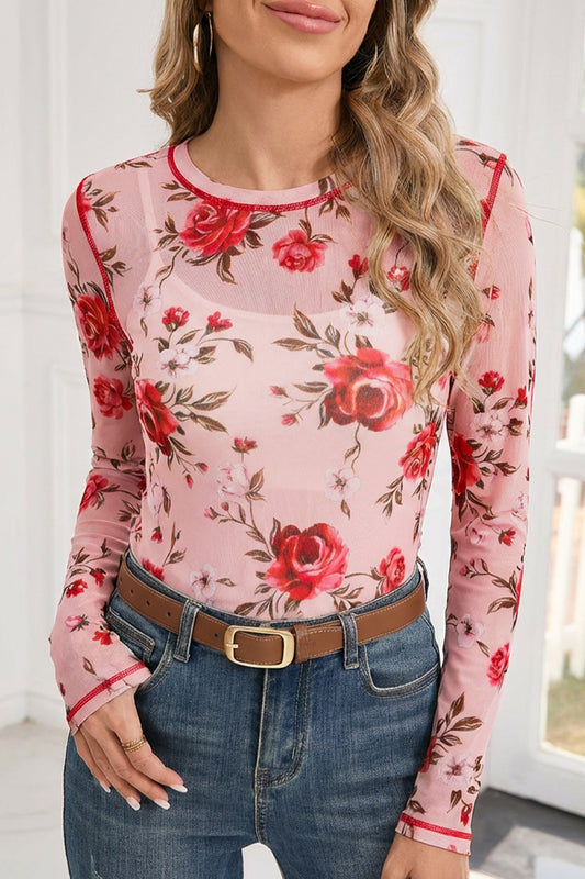 Pink Floral Print Exposed Seam Detail Mesh Long Sleeve Top