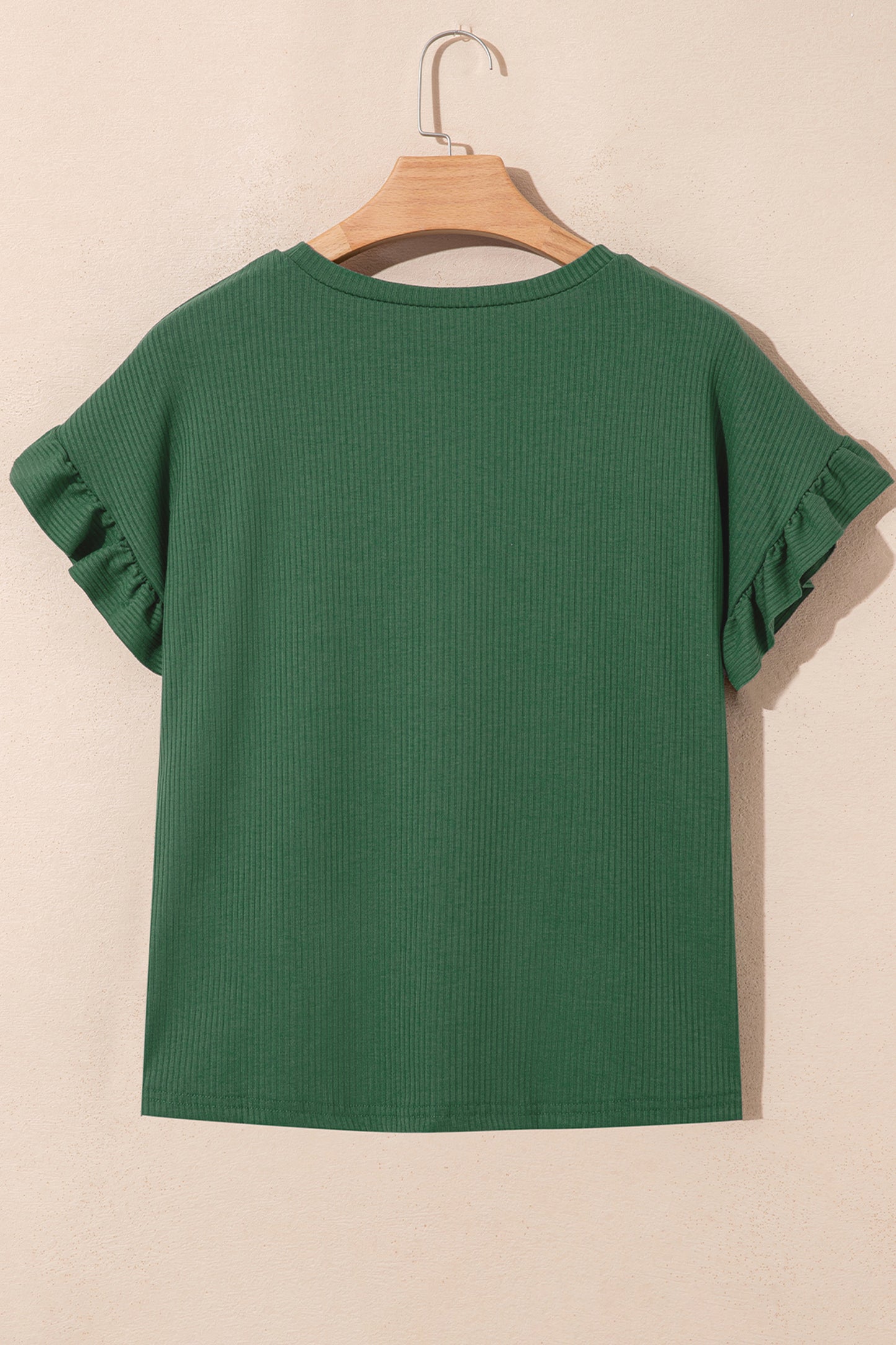 Jungle Green Solid Color Ribbed Ruffled Short Sleeve T Shirt