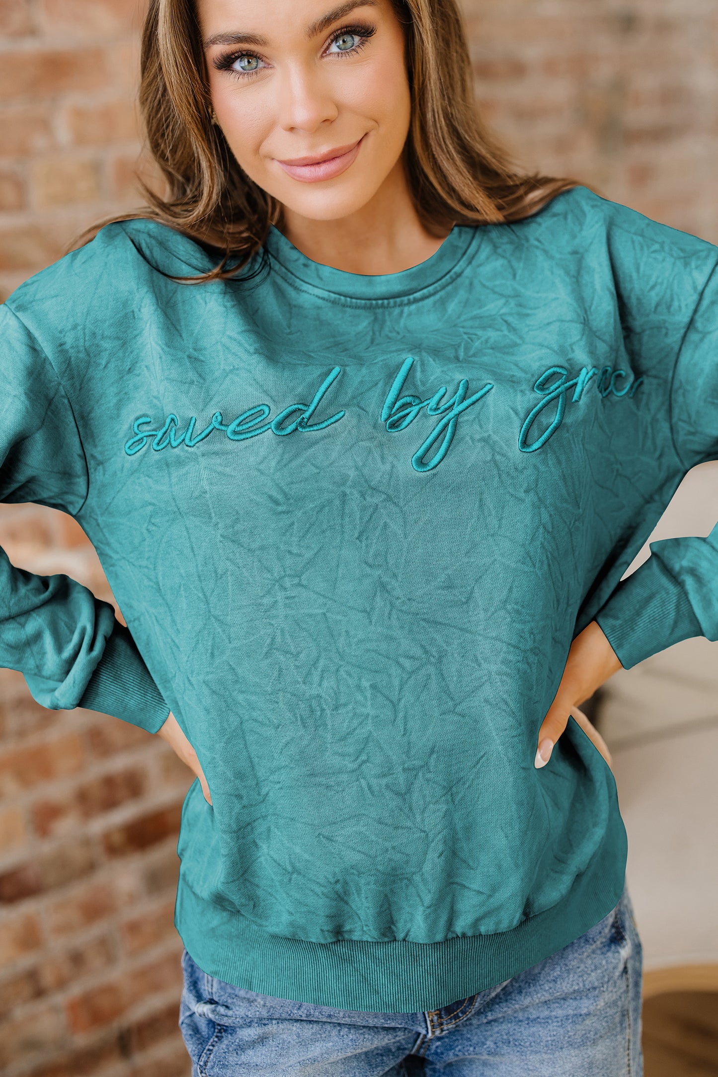 Sea Green saved by grace Letter Embroidery Mineral Wash Loose Sweatshirt