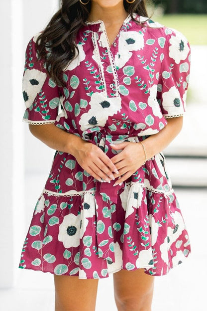 Red Floral Print Trimmed Short Puff Sleeve Mini Dress with Belt