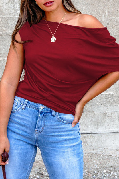 Burgundy Plus Size Solid Color Asymmetric Neck Short Sleeve Blouse