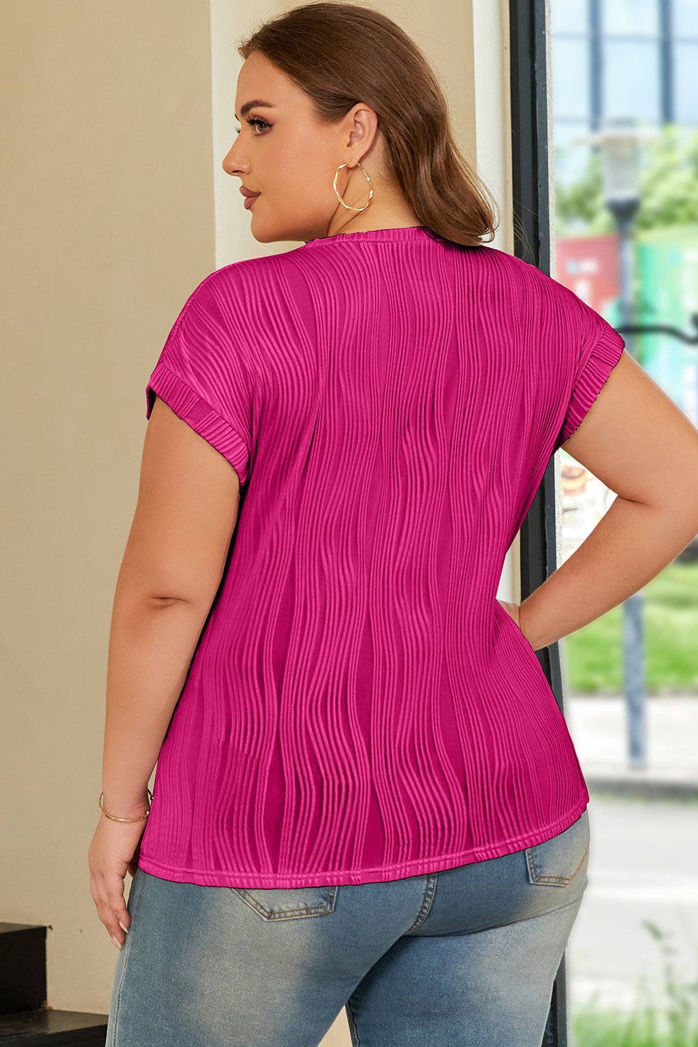 Rose Red Solid Color Wavy Textured Plus Size Tee