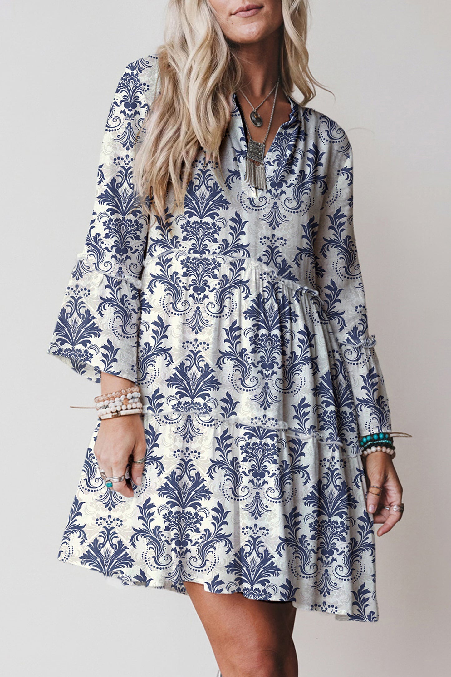 Blue Boho Floral Print Lettuce Trim 3/4 Sleeve Mini Dress