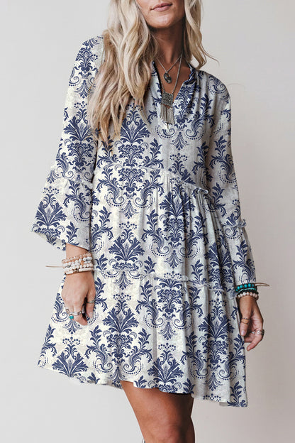 Blue Boho Floral Print Lettuce Trim 3/4 Sleeve Mini Dress