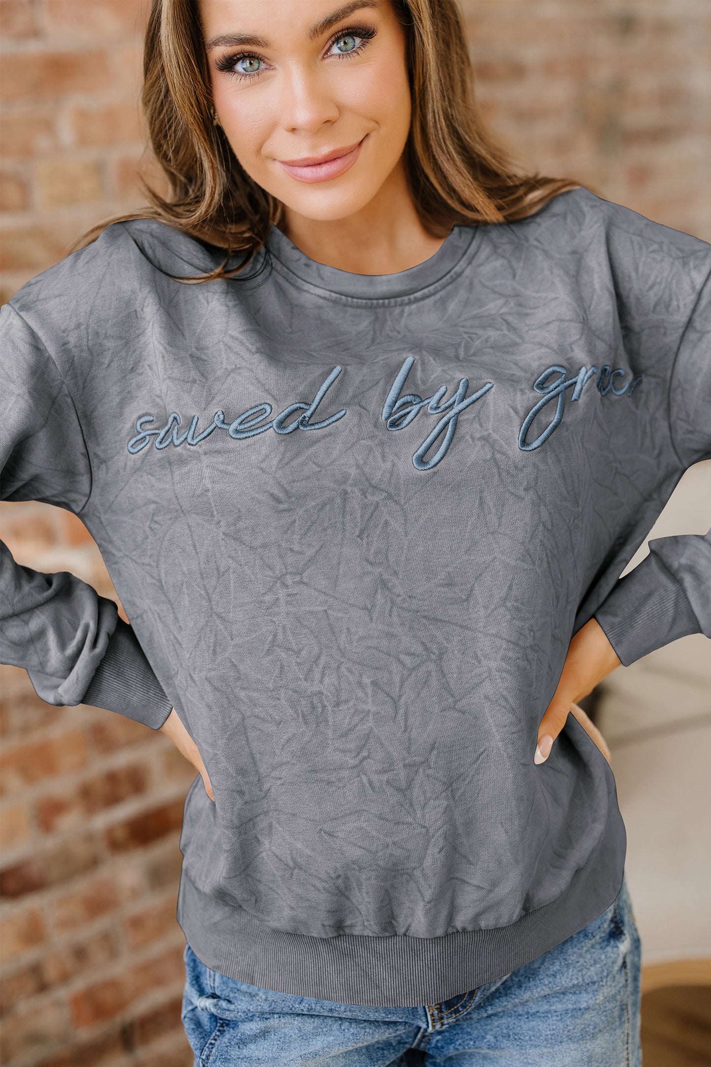 Sea Green saved by grace Letter Embroidery Mineral Wash Loose Sweatshirt