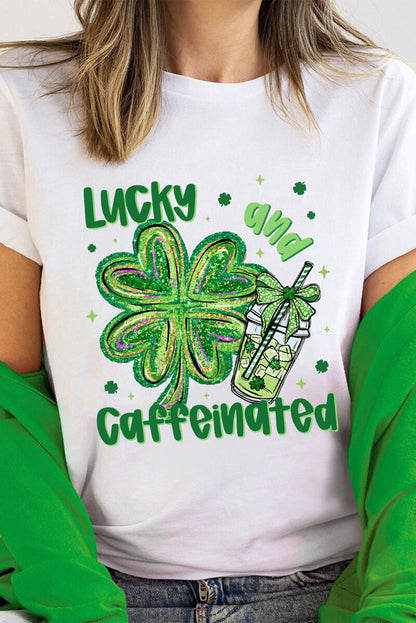 White Lucky and Caffeinated Clover Graphic St Patrick Tee