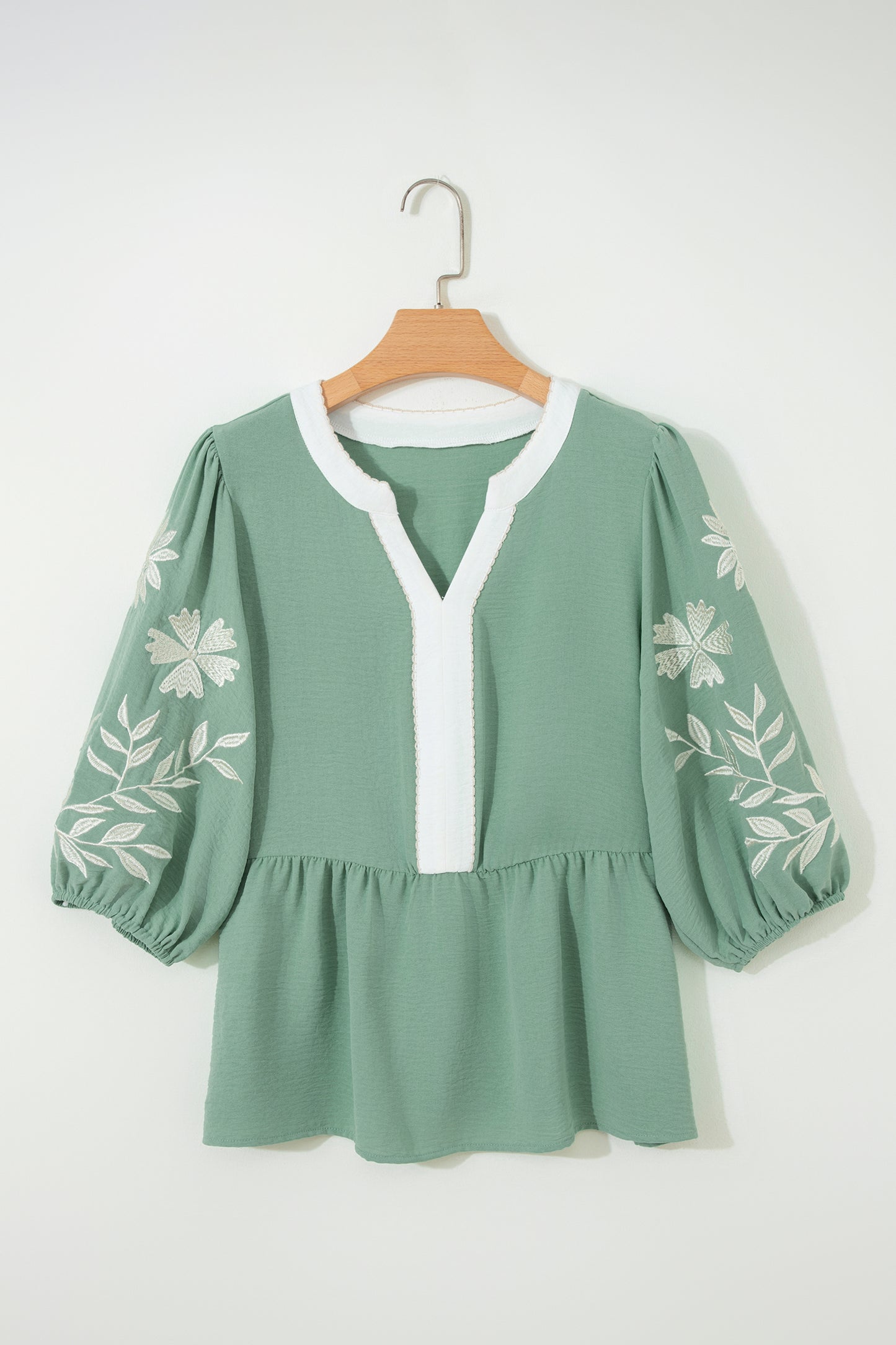 Smoke Green Color Block Patchwork V Neck Embroidered Puff Sleeve Babydoll Blouse