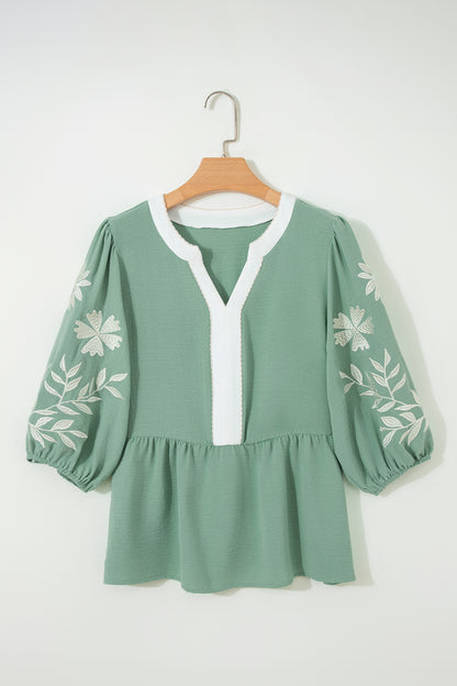 Smoke Green Color Block Patchwork V Neck Embroidered Puff Sleeve Babydoll Blouse